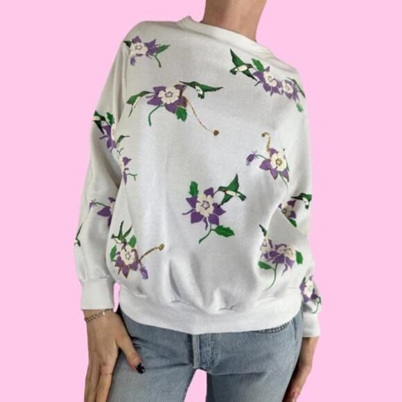Vintage 80s Columbine Hummingbird Floral Nature Sweatshirt Large Cal Pac… - Picture 1 of 9